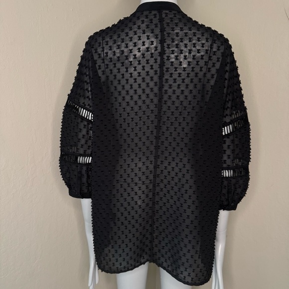 OHNE TITLE Rare Sheer Swiss Dot Loose Fit Black Blouse Tie Neck 3/4 Sleeves Sz 6 - Picture 6 of 15